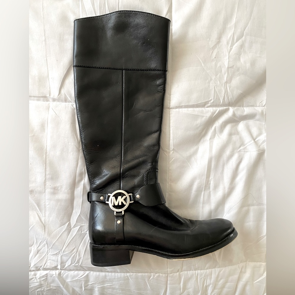 MICHAEL KORS, Black Leather Riding Boot w/Silver Logo Detail, 6M, Used